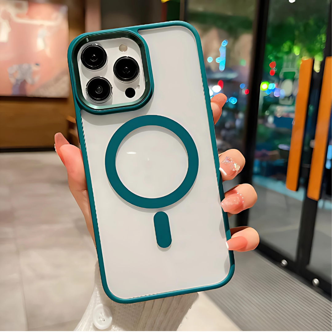 A clear plastic phone case with a green magnetic ring holder on the back, held in a person's hand.