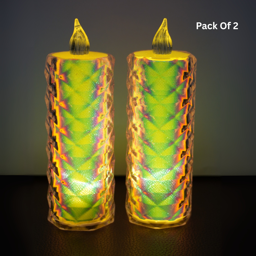 Pack of 2 colorful candle-like objects with a dark background