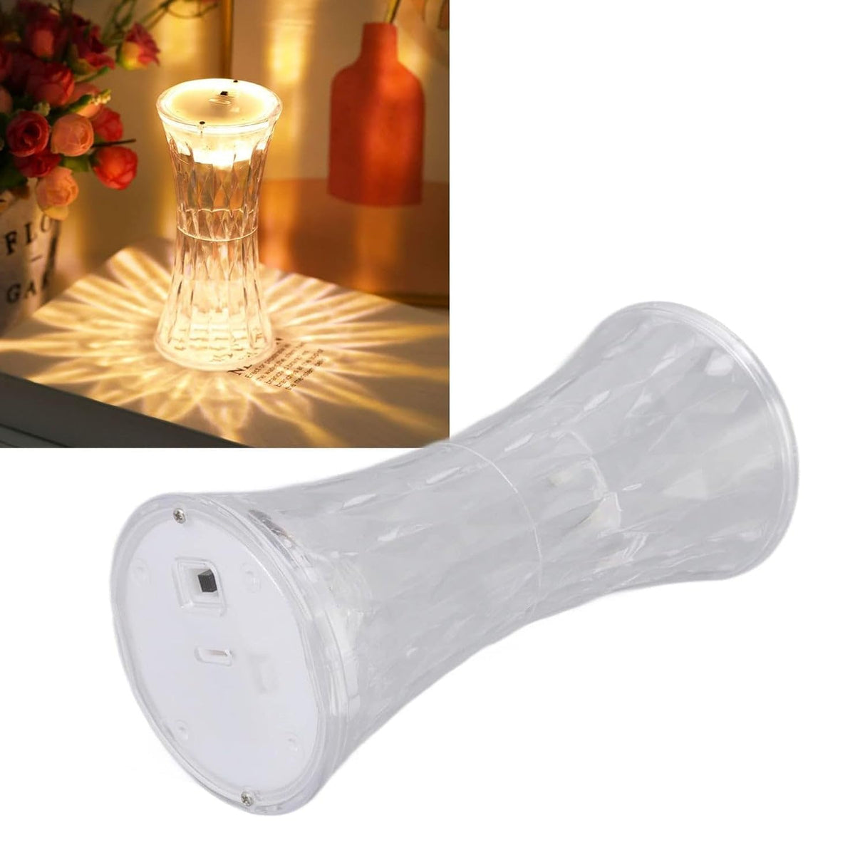 Transparent cylindrical lamp with decorative light on a white background