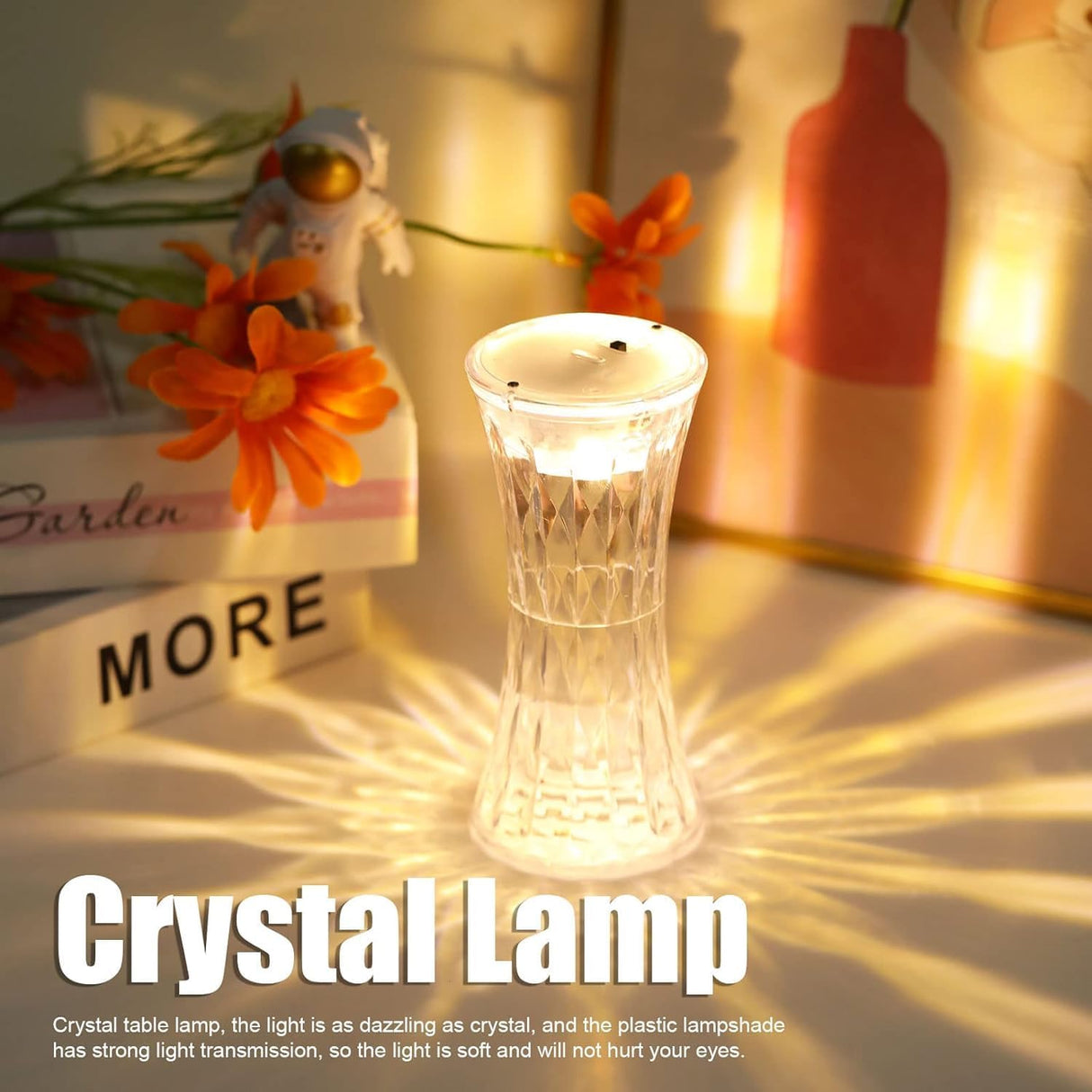 Crystal lamp on a surface with decorative items in the background