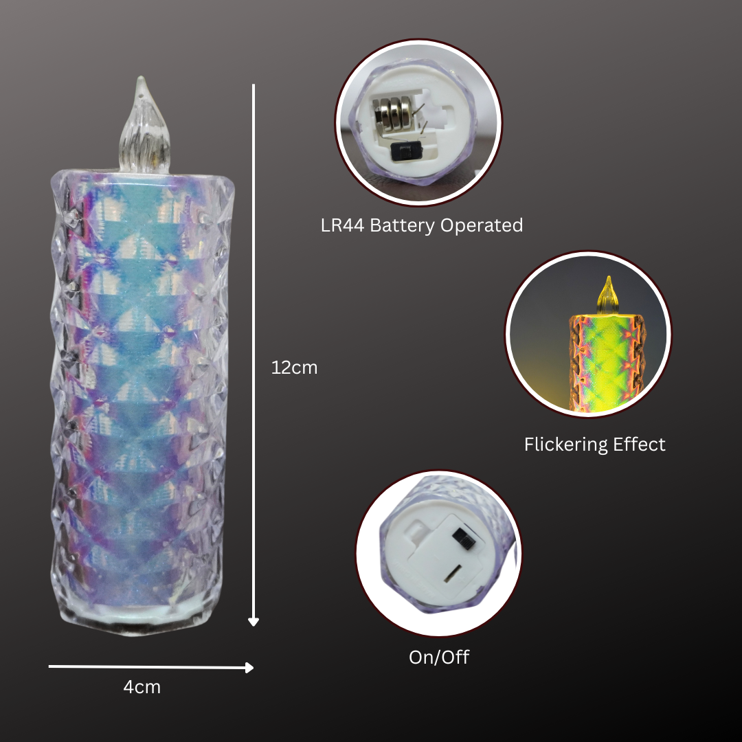 Decorative candle with battery-operated feature, flickering effect, and on/off switch on a dark background.
