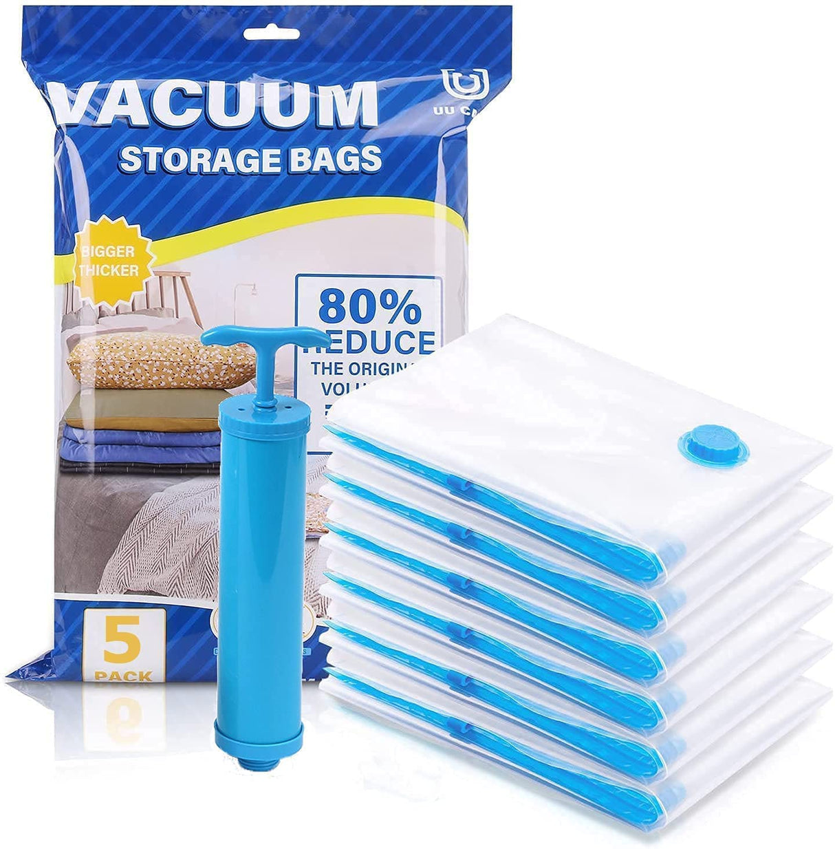 A set of vacuum storage bags in blue and transparent colors, with a suction pump, displayed with a stack of vacuum-sealed clothes bags.