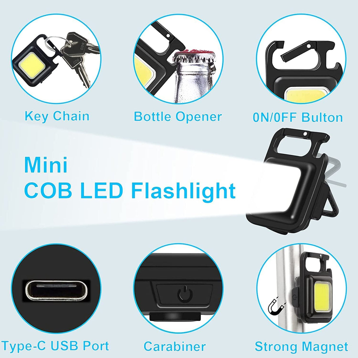 G.FIDEL Multifunction Keychain Led Light with Bottle Opener, Magnetic Base and Folding Bracket Mini Cob 500 lumens Rechargeable Multifunctional