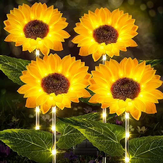 GFIDEL Solar Powered Realistic Sunflower Lights Waterproof Decorative Landscape PlasticLights for Garden Patio Yard Pathway (Pack of 4)