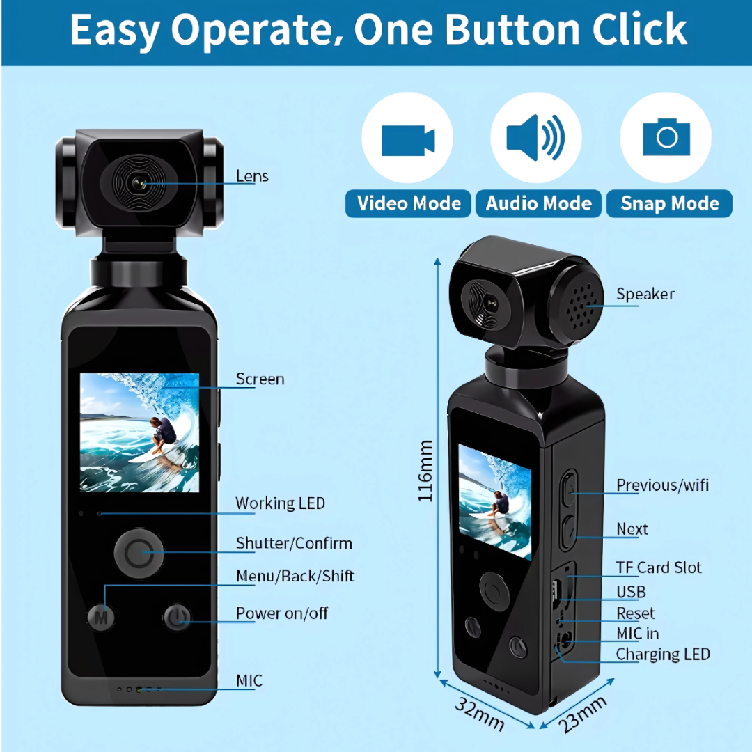 GFIDEL 4K HD Pocket Camera, 270° Rotatable