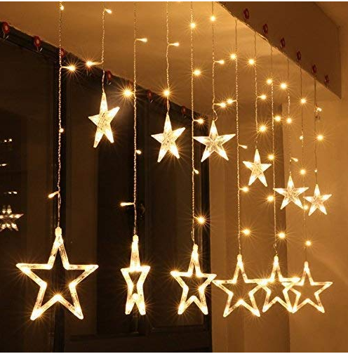 GFIDEL 12 Stars 138 Led Curtain String Lights Window Curtain Lights with 8 Flashing Modes Decoration for Christmas, Wedding, Party, Home, Patio Lawn Warm White (138 Led-Star, Copper, Pack of 1)