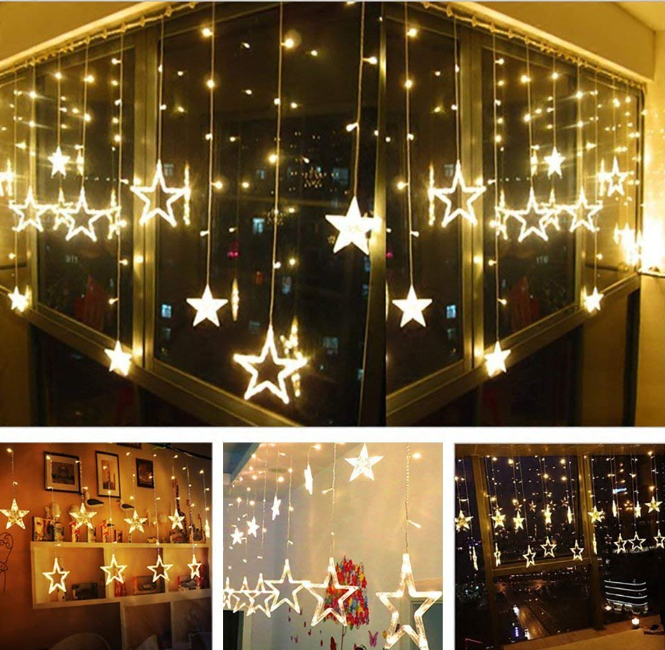 GFIDEL 12 Stars 138 Led Curtain String Lights Window Curtain Lights with 8 Flashing Modes Decoration for Christmas, Wedding, Party, Home, Patio Lawn Warm White (138 Led-Star, Copper, Pack of 1)