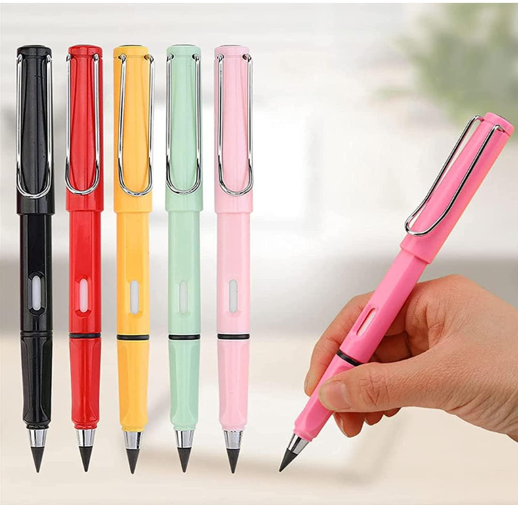 GFIDEL (Pack of 4) Everlasting Inkless Pencils Portable Reusable and Erasable Metal Writing Pens Replaceable Graphite Nib Triangle Golf Stationary Set