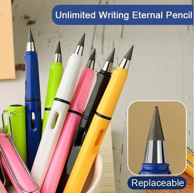 GFIDEL (Pack of 4) Everlasting Inkless Pencils Portable Reusable and Erasable Metal Writing Pens Replaceable Graphite Nib Triangle Golf Stationary Set