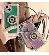 IPHONE 11,12,13,14 3D SUPER COOL RETRO CAMERA DESIGN SILICONE CASE COVER WITH COLOURFUL STRAP.