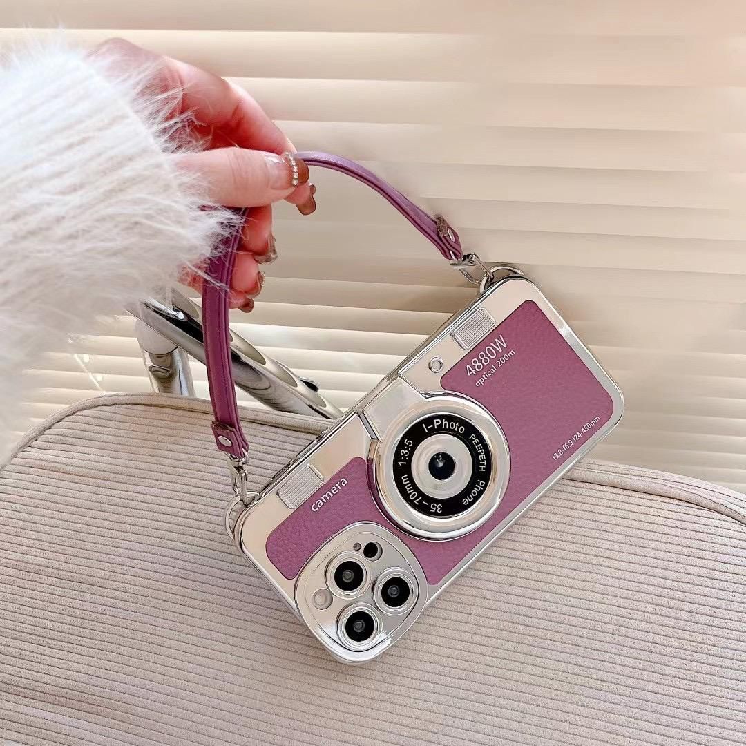 IPHONE 11,12,13,14 3D SUPER COOL RETRO CAMERA DESIGN SILICONE CASE COVER WITH COLOURFUL STRAP.