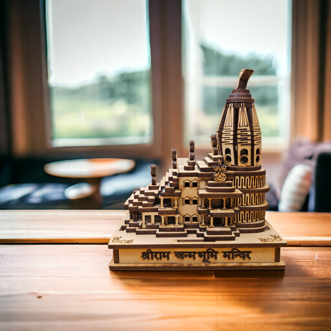 Wooden Hand Carved Temple Shri Ram Mandir 3D Decorative Showpiece - A souvenir, Home, Office, Gift & Car Dashboard