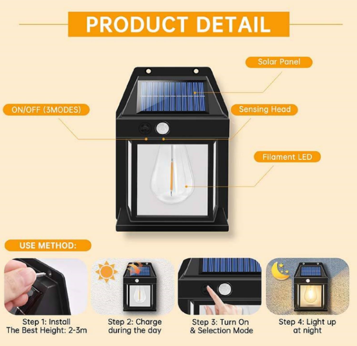 GFIDEL Solar Wall Lights Outdoor, Wireless Dusk to Dawn Porch Lights Fixture, Solar Wall Lantern with 3 Modes & Motion Sensor, Waterproof Exterior Lighting.